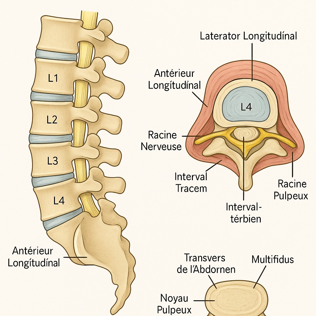Schéma anatomique du rachis lombaire avec disques, ligaments et muscles stabilisateurs